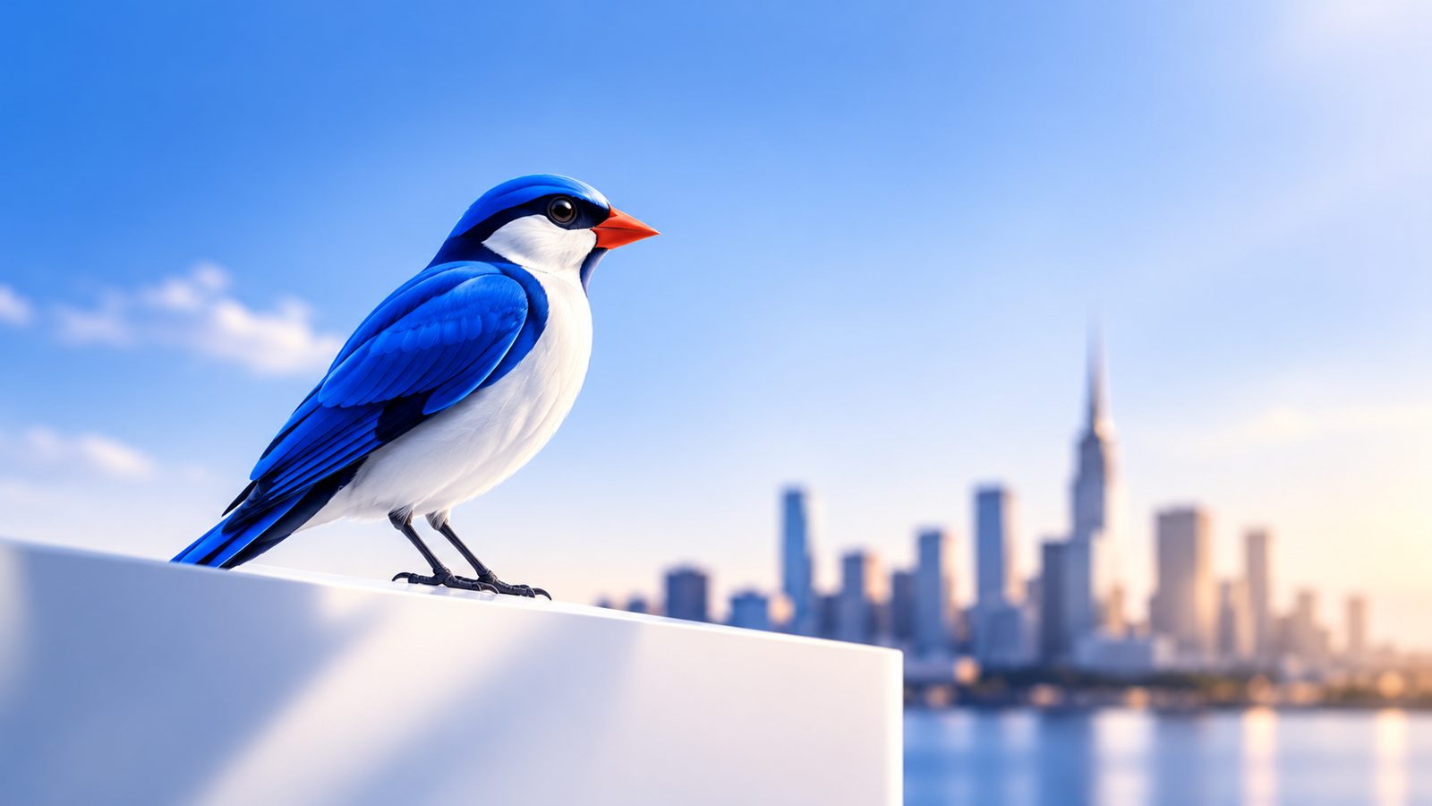 The Salesfinch finch on a ledge above the city
