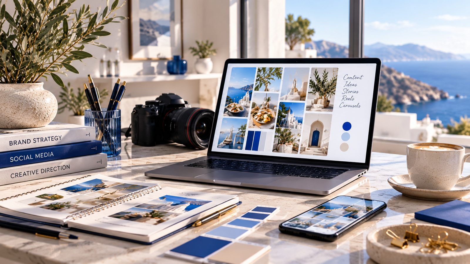 A content plan with brand colours, photos and a laptop on a sunny desk